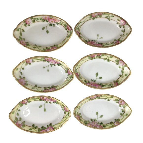 VTG (6) NORITAKE SALT CELLAR DIP Hand Painted Pink Flowers 22 K Gold Trim Nippon - Picture 1 of 10